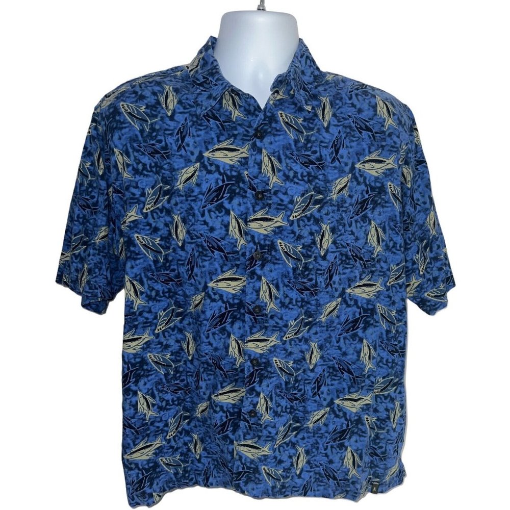 Rare Royal Robbins SS Mens Hawaiian Tropical Blue Fade Fish Button Down Shirt